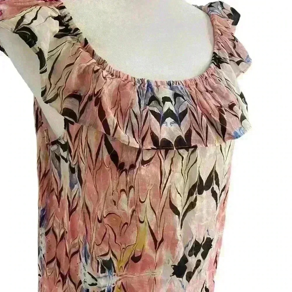 J Crew Women’s Blouse Size M Pink Black Cotton Silk Ruffle Neckline Flowy Boho - Picture 2 of 10